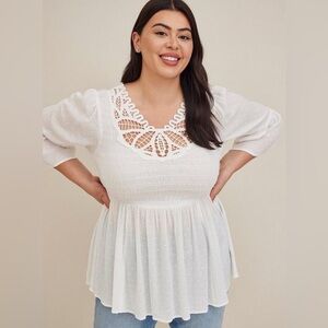 Torrid Babydoll Clip Dot Gauze with Crochet Hem Flare Half Sleeve Top